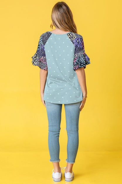 Polka Dot Print Ruffle Sleeve Top