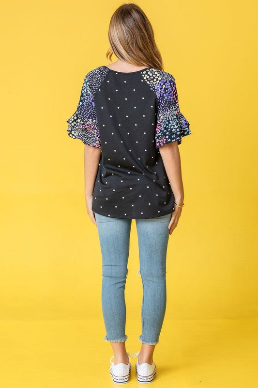 Polka Dot Print Ruffle Sleeve Top