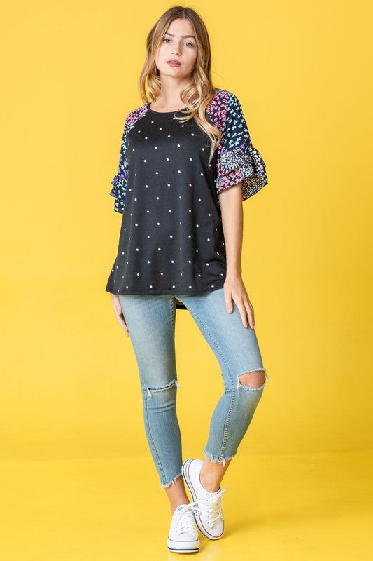 Polka Dot Print Ruffle Sleeve Top