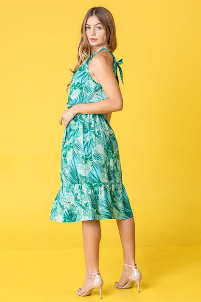 Plus Halter Neck Tropical Sash Dress