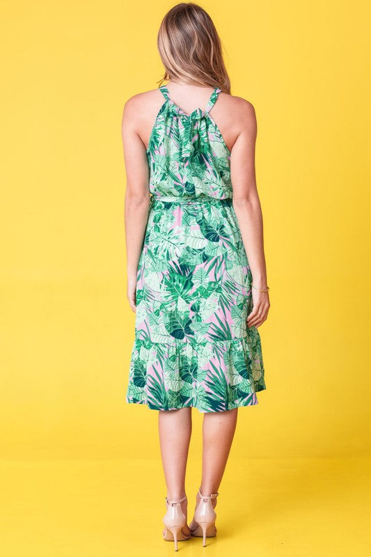 Plus Halter Neck Tropical Sash Dress