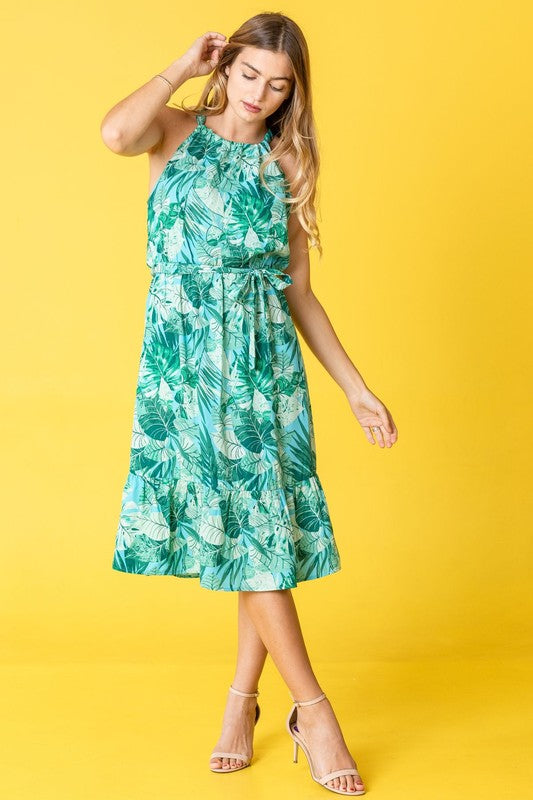 Plus Halter Neck Tropical Sash Dress