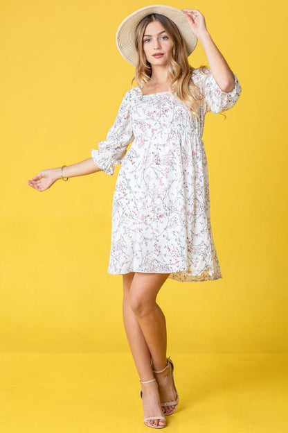 Branch Floral Squared Neck Mini Dress