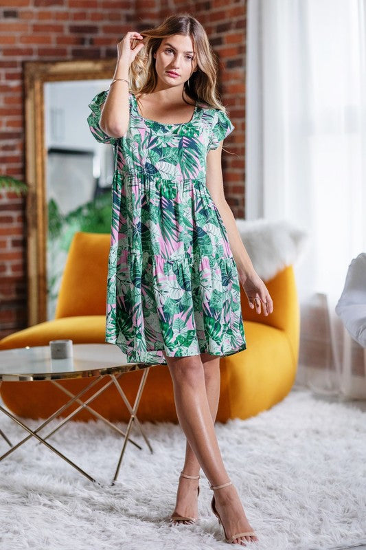 Plus Tropical Flutter Sleeve Tiered Midi Dress