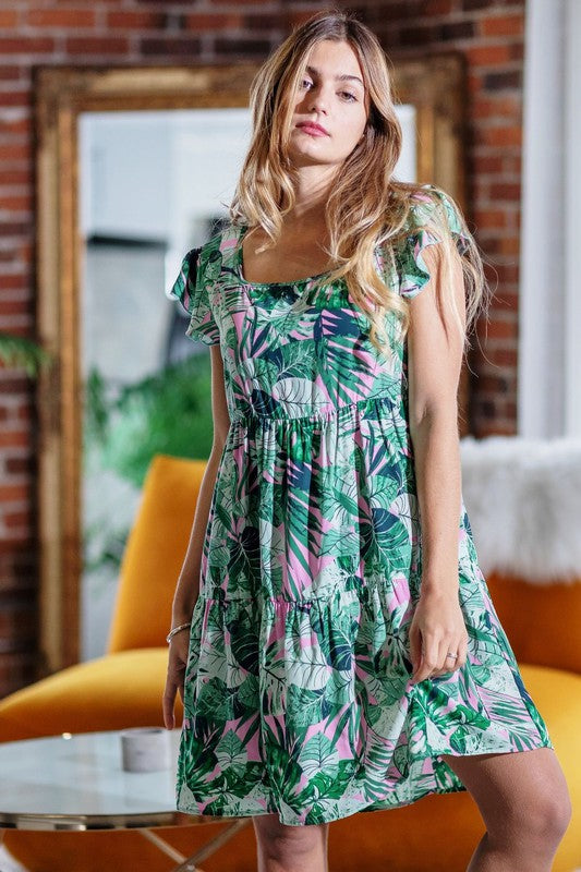 Plus Tropical Flutter Sleeve Tiered Midi Dress