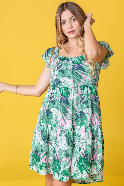 Plus Tropical Flutter Sleeve Tiered Midi Dress