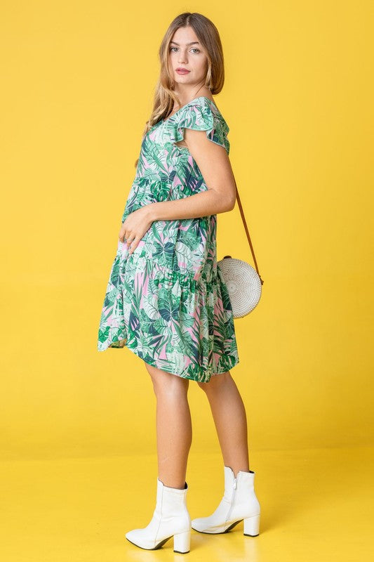 Plus Tropical Flutter Sleeve Tiered Midi Dress