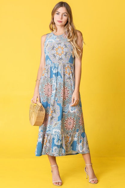 Sleeveless Print Ruffled Hem Tea-Length Dress