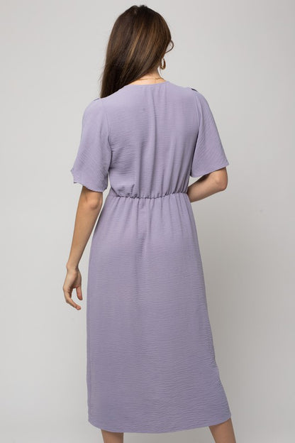 Solid V-Neck Midi Dress W-Front Knot