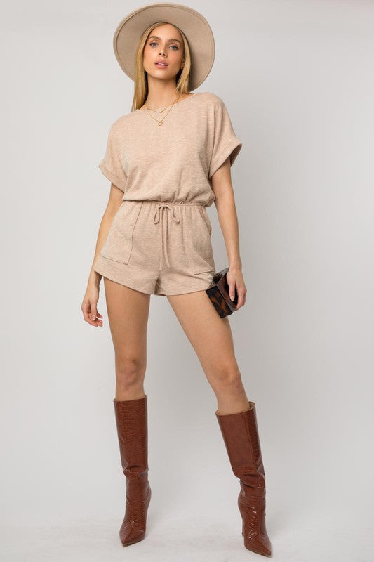 Short Roll-Up Sleeve Elastic Waist Romper