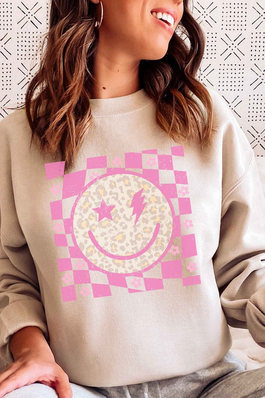 CHECKERED LEOPARD HAPPY FACE GRAPHIC SWEATSHIRT