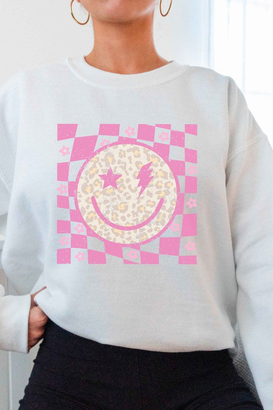 CHECKERED LEOPARD HAPPY FACE GRAPHIC SWEATSHIRT