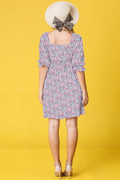 Branch Floral Squared Neck Mini Dress