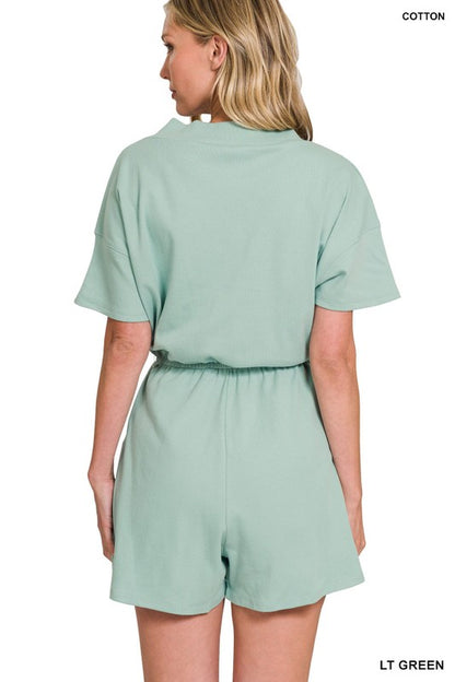 Drop Shoulder V-Neck Romper with Pockets