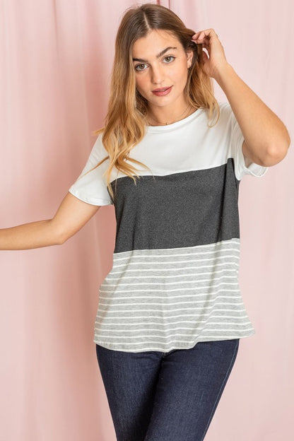 Sage coral black grey stripe lavender top