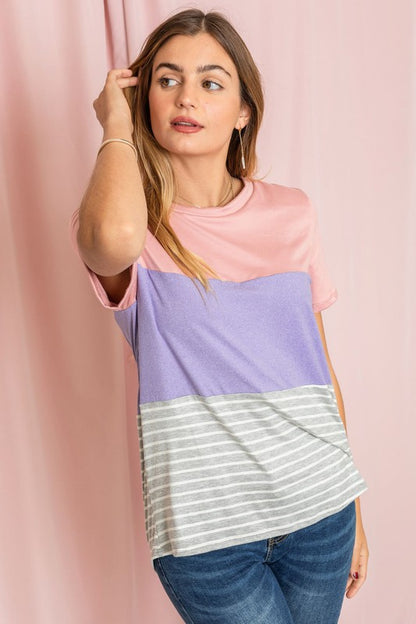 Sage coral black grey stripe lavender top