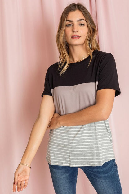 Sage coral black grey stripe lavender top