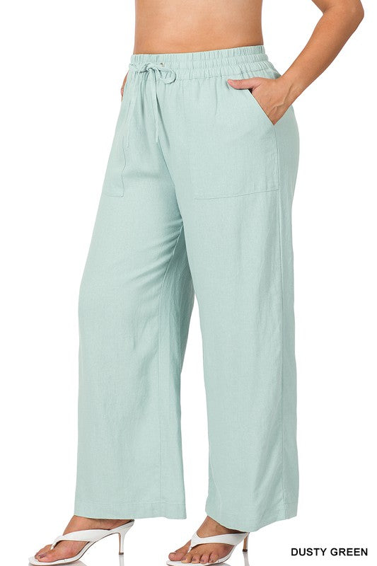 Plus Linen Drawstring-Waist Pants with Pockets