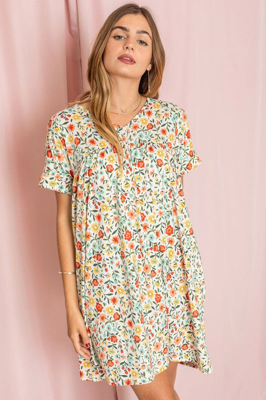 Plus V-Neck Floral Baby Doll Dress