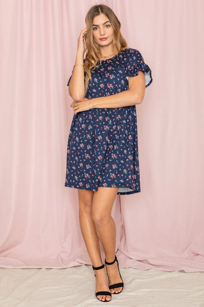 Plus Ditsy Floral Ruffle Chest Pocket Dress