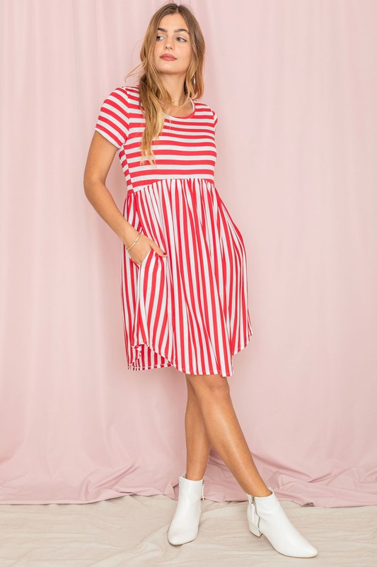 Plus Short Sleeve Stripe Mini Dress