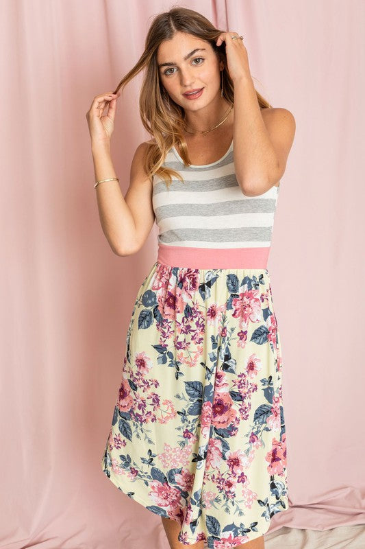 Floral Stripe Band Midi Dress