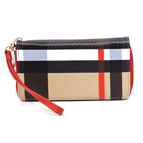 Plaid Check Printed Zip Around Wallet Wristlet