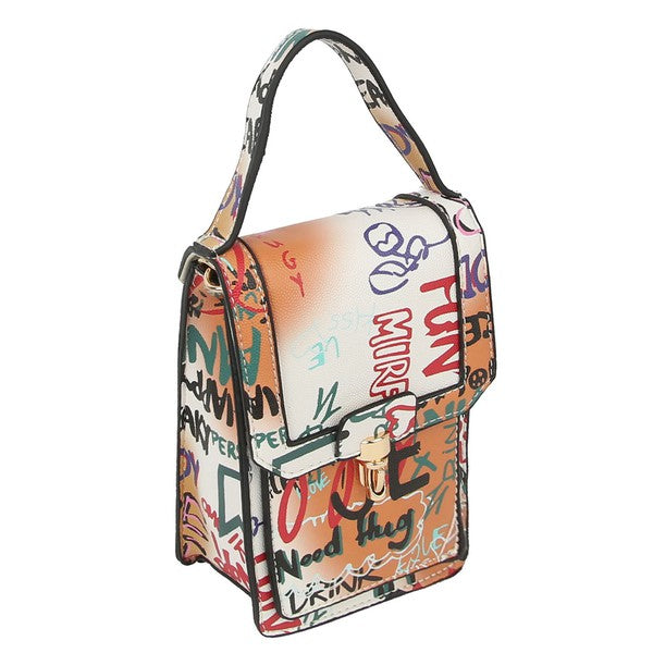 Multi Graffiti Top Flap Crossbody Bag Phone Purse