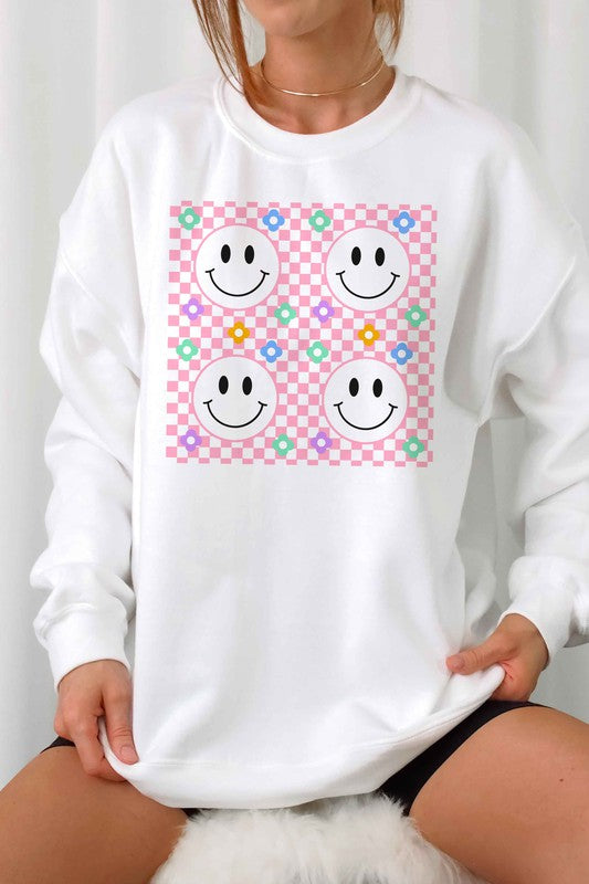 CHECKERED DAISY MULTI HAPPY FACE SWEATSHIRT