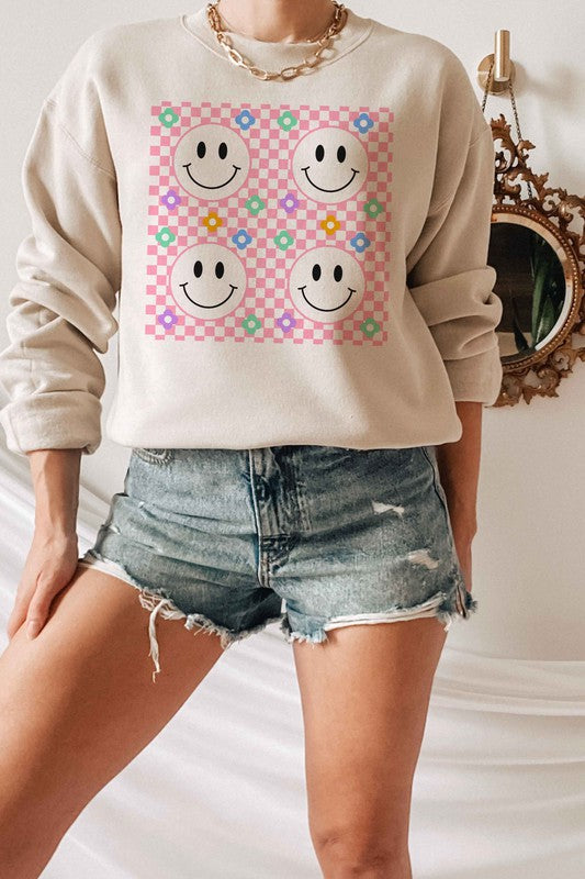 CHECKERED DAISY MULTI HAPPY FACE SWEATSHIRT