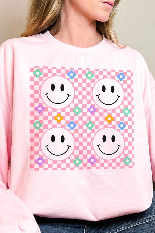 CHECKERED DAISY MULTI HAPPY FACE SWEATSHIRT