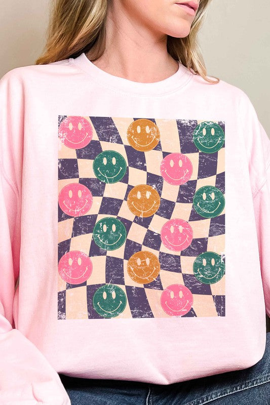 CHECKERED MULTI HAPPY FACES GRAPHIC SWEATSHIRT