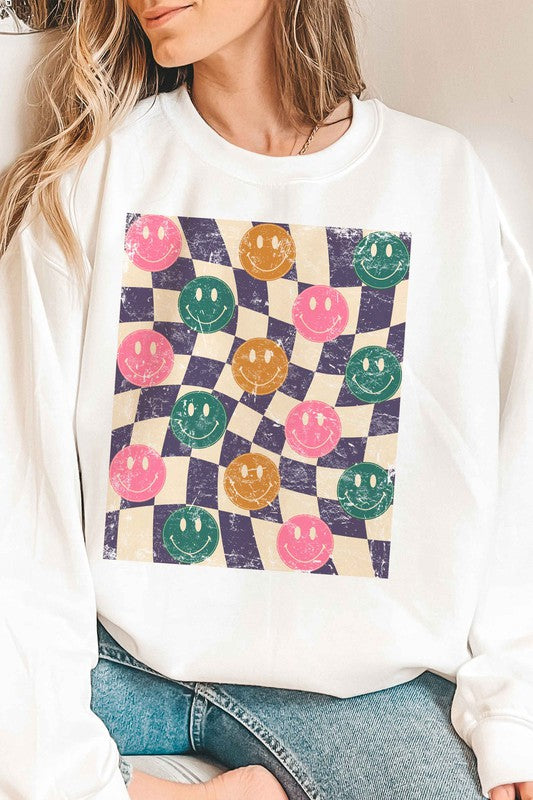 CHECKERED MULTI HAPPY FACES GRAPHIC SWEATSHIRT