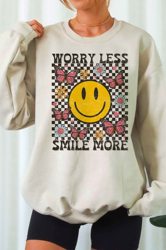 WORRY LESS SMILE MORE HAPPY FACE SWEATSHIRT