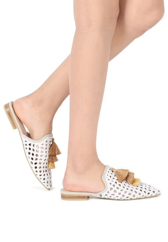 MIRIAM Woven Metallic Tassel Flat Mules