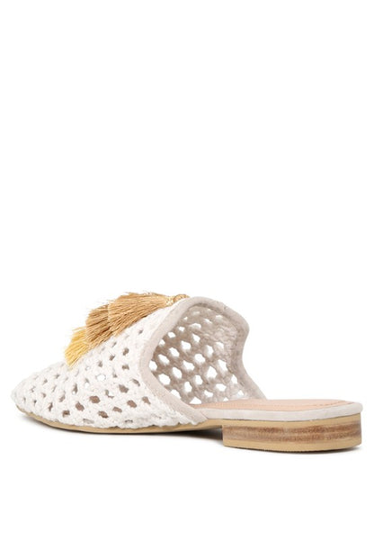 MIRIAM Woven Metallic Tassel Flat Mules