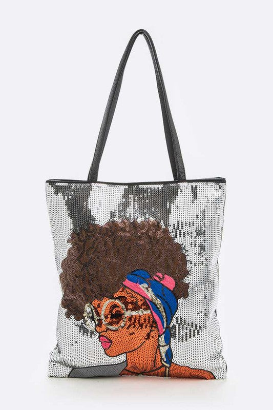 Glasses Girl Sequins Large Tote Bag