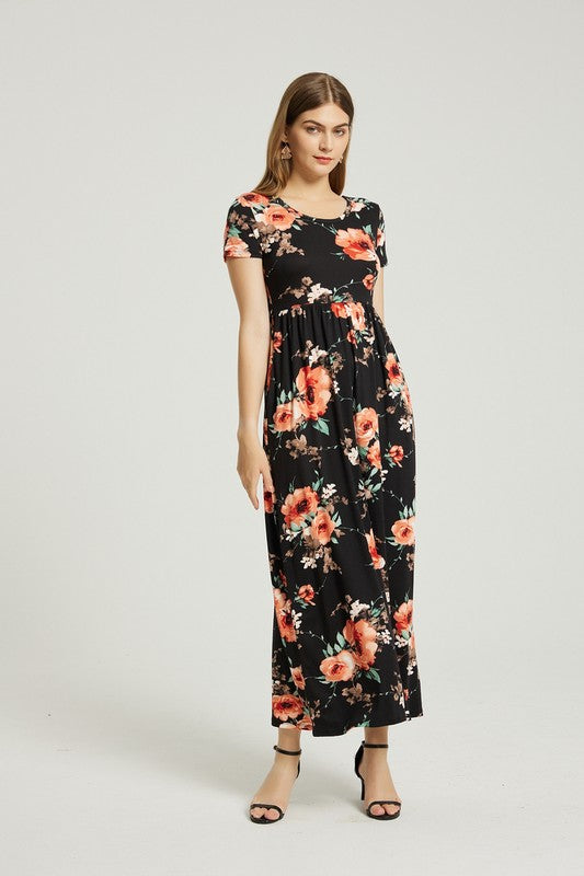 Womens Summer Casual Floral Maxi Dress With Pocket