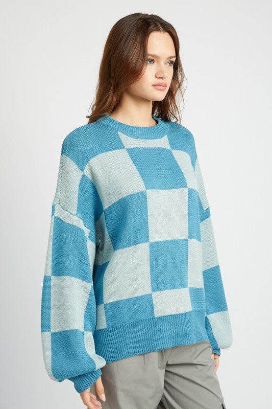 CHECKERED SWEATER WITH BUBBLE SLEEVES