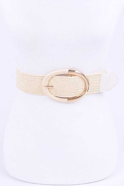 Oval Buckle Faux Straw Elastic Belt