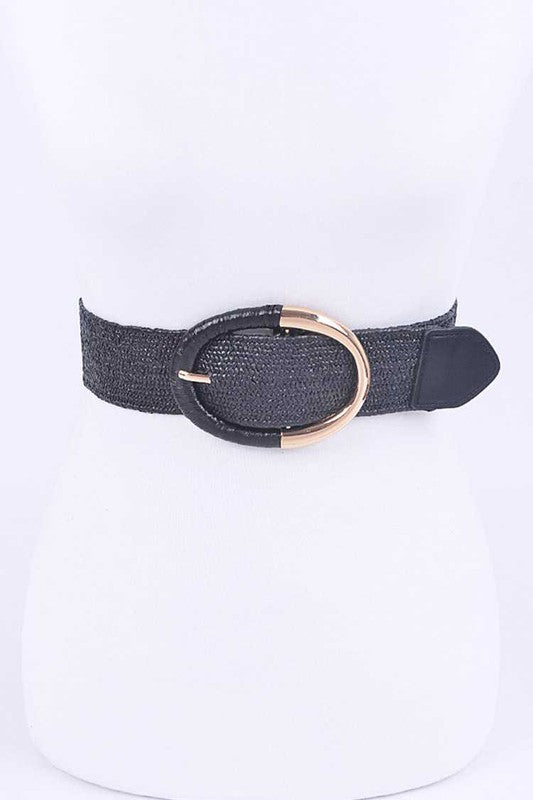 Oval Buckle Faux Straw Elastic Belt