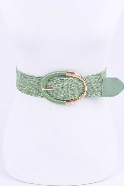 Oval Buckle Faux Straw Elastic Belt