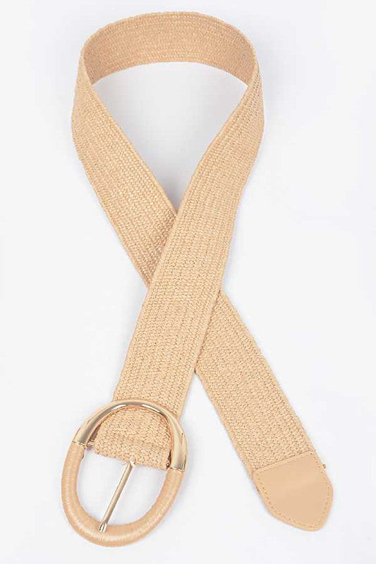 Oval Buckle Faux Straw Elastic Belt