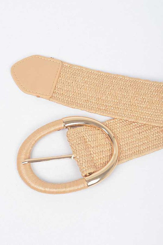 Oval Buckle Faux Straw Elastic Belt