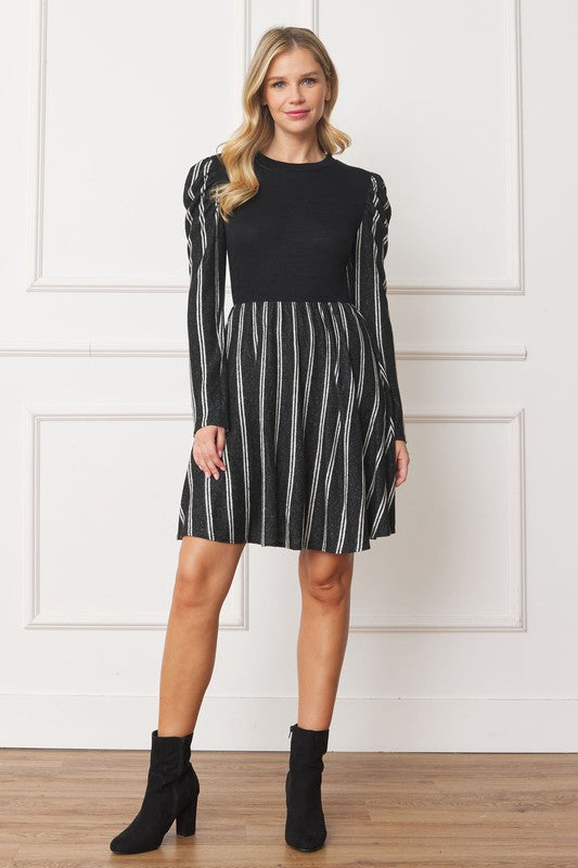 Plus Pinstripe Puff Shoulder Flare Dress