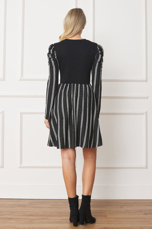 Plus Pinstripe Puff Shoulder Flare Dress