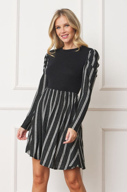 Plus Pinstripe Puff Shoulder Flare Dress