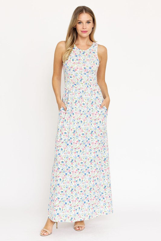 Pastel Floral Sleeveless Maxi Dress
