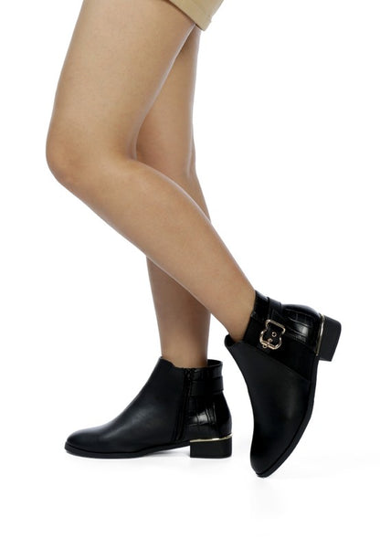 FROTHY BUCKLED ANKLE BOOT WITH CROC DETAIL