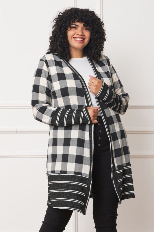 Long Buffalo Plaid Stripe Trim Open Cardigan